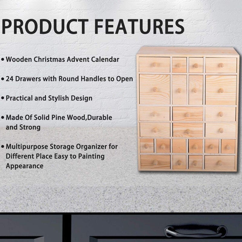 Vencer Wooden Countdown to Christmas Advent Calendar Storage Organizer with 24 Drawers,Jewelry Box,Desktop Organizer,DIY Unfinished Wood,Measures 14in x 12in x 4.3in,VYO-021 - Image 3